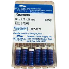 Patterson® Single Use Reamers – 21 mm Length, Stainless Steel, Color-Coded Plastic Handles, 0.02 Taper