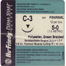 Perma Sharp® Polyester Green Braided Sutures – Nonabsorbable, C-3, 3/8 Circle Premium Reverse Cutting, Size 5-0, Length 18", 12/Box